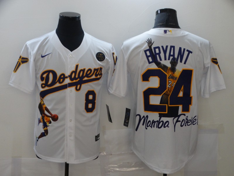 Men's Los Angeles Dodgers Front #8 Back #24 Kobe Bryant White MLB With KB Patch Cool Base Stitched Jersey